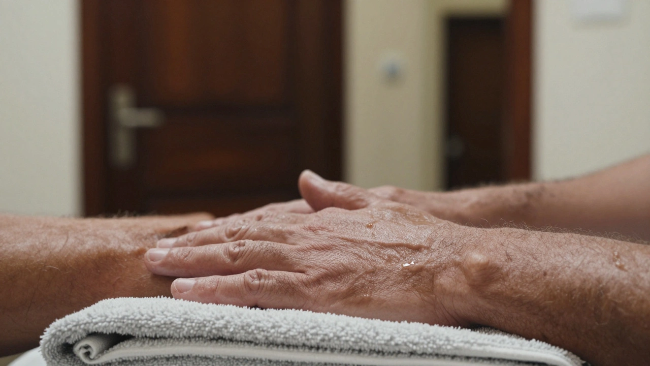 Close-up of a man's hands resting on a towel, glistening with oil, conveying deep relaxation and calm.