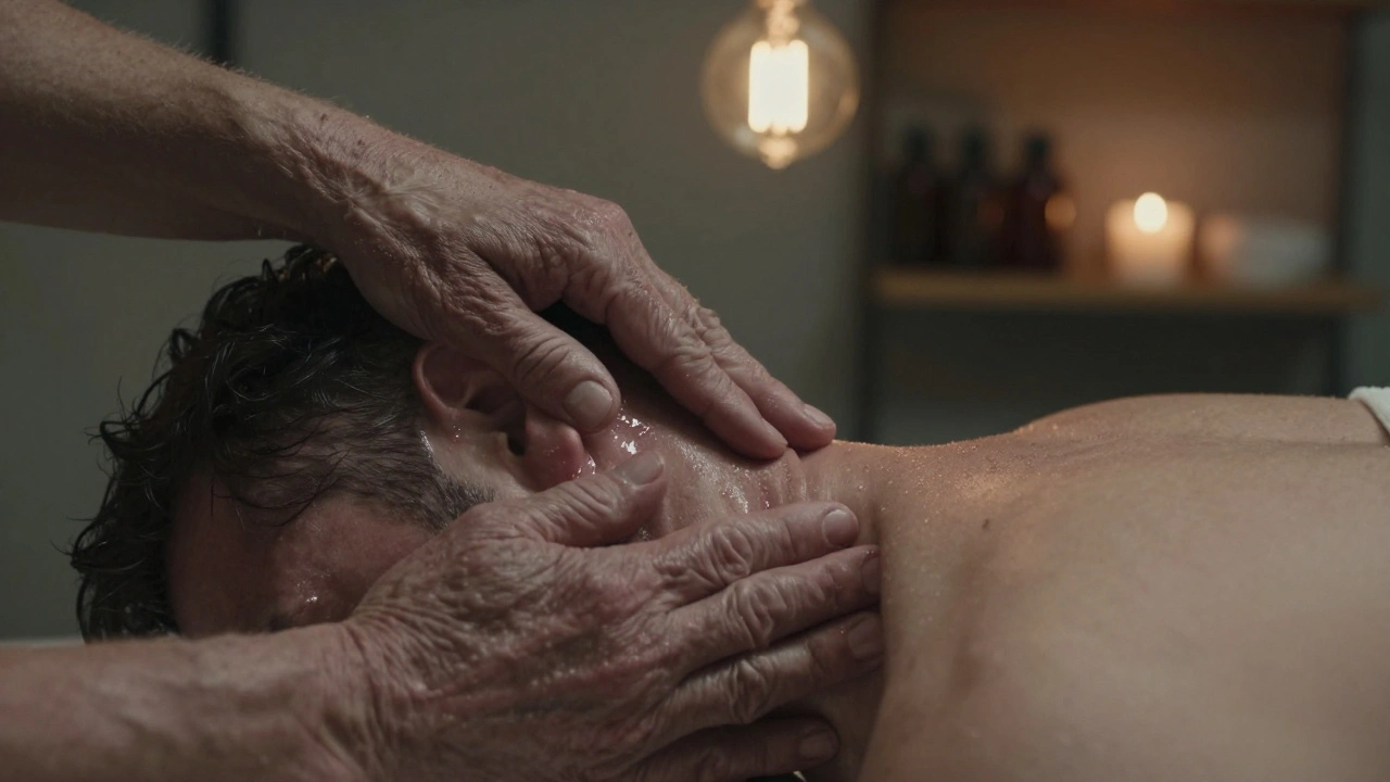 Close-up of skilled hands massaging the base of a man's skull, oil glistening, with visible tension melting from his jaw.
