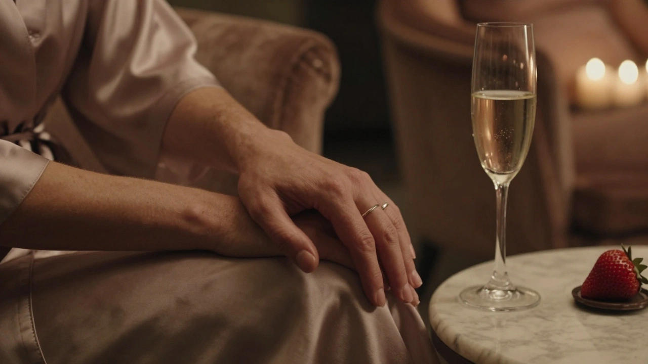 Entwined hands resting on a silk robe beside a champagne flute and chocolate strawberry, in a high-end London spa setting.