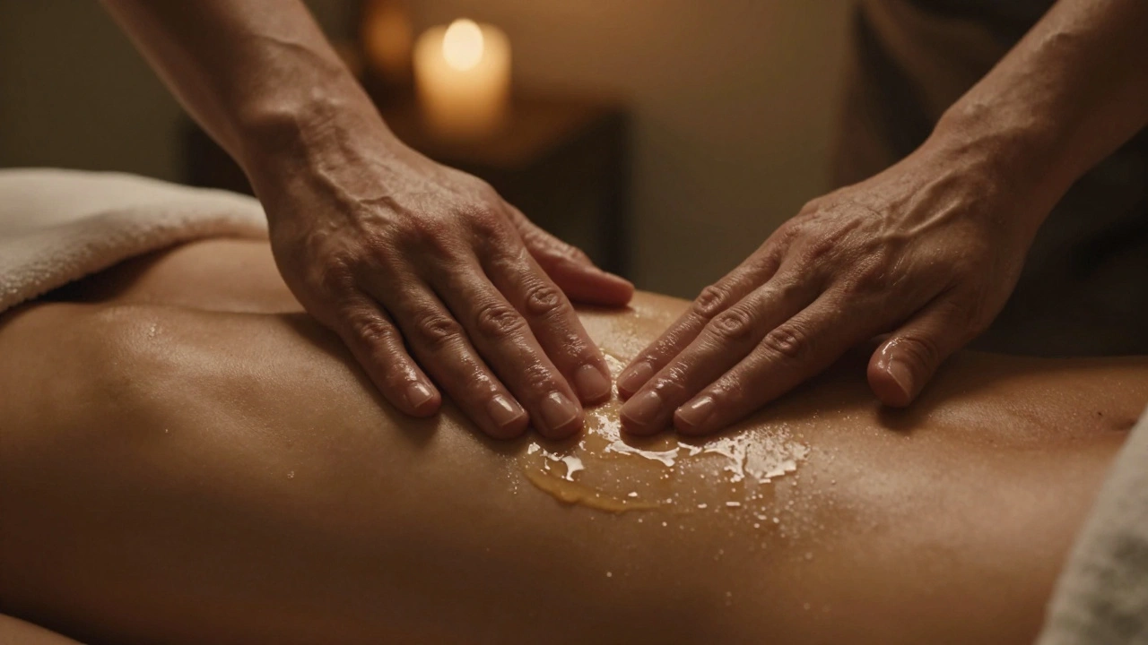 Hands gliding heated oil over a bare back, oil shimmering under soft light, focus on touch and texture.