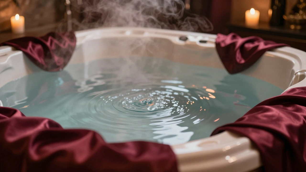 Private hot tub with steam rising and silk sheets in dimly lit room.