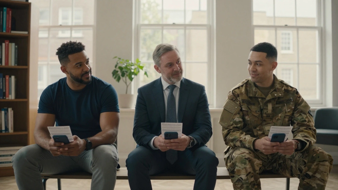 Three British men in a quiet waiting room, each holding a massage booking confirmation, smiling with quiet relief.