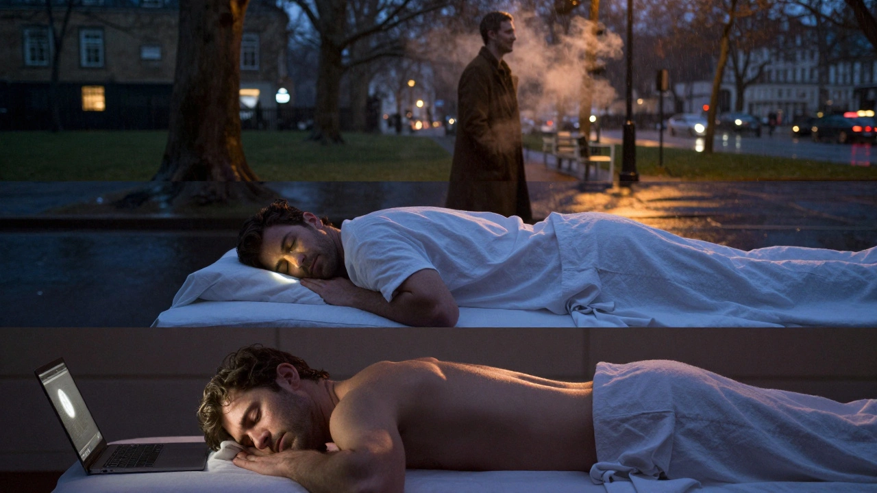 Three stages of a man's transformation: stressed at work, peacefully asleep, and calmly walking in a rainy London park.