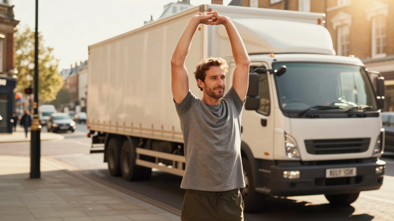 Truck driver stretching comfortably in London sunlight