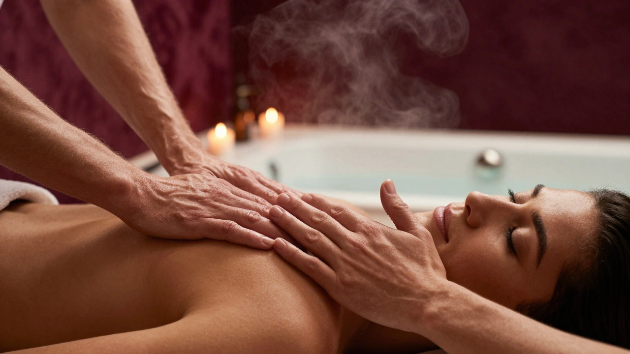 Two hands gently touching during a couples massage, candlelight reflecting on relaxed faces.