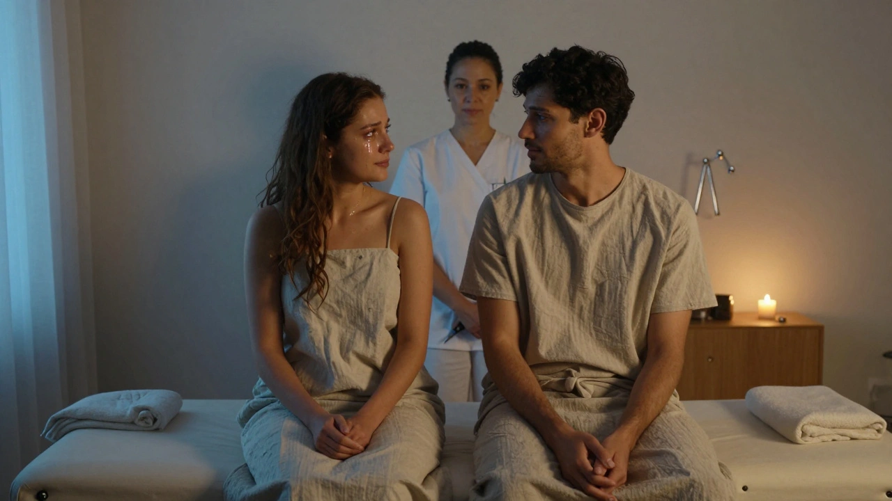 A couple sitting silently after a massage, gazing at each other with deep emotional connection.