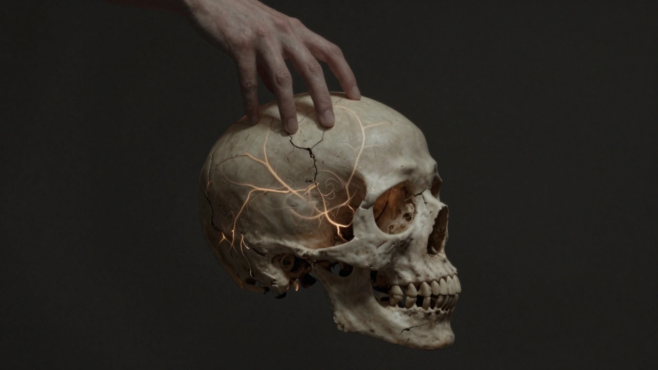 A glowing human skull with neural pathways illuminated, touched by delicate fingers, symbolizing neurological release and sacred touch.