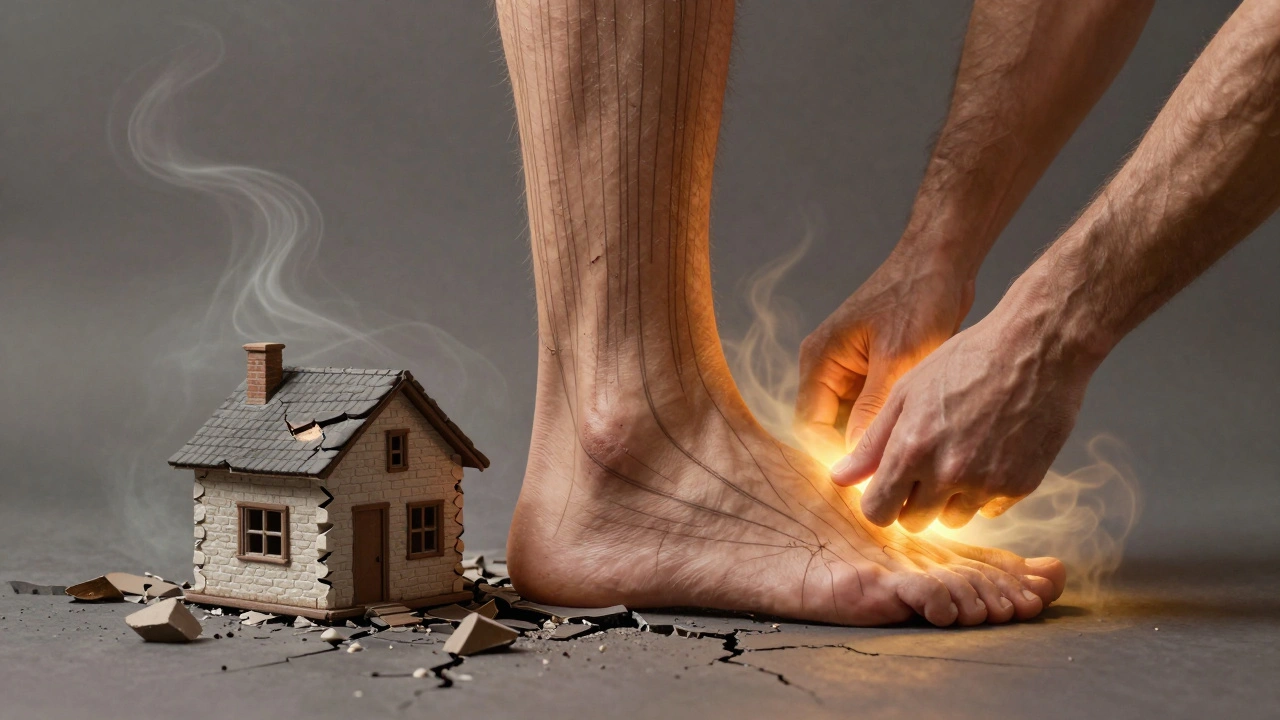 A man's foot depicted as a cracked foundation, with healing hands restoring it as golden light flows upward through his body.