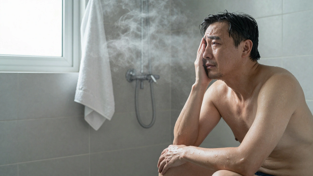 A man cries in the shower after a massage, face serene, steam rising, phone absent from sight.