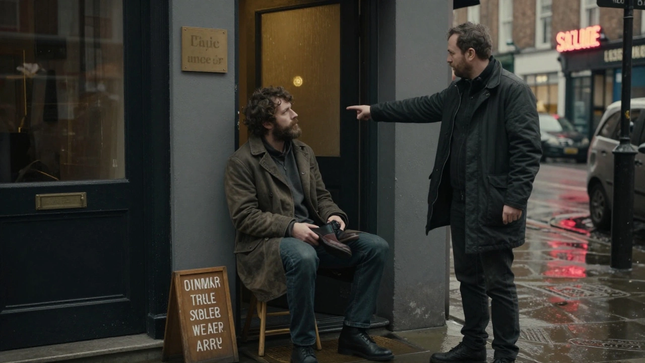 A man in a coat holds his shoes outside a hidden massage entrance in Soho, London, guided by a cab driver’s knowing gesture.