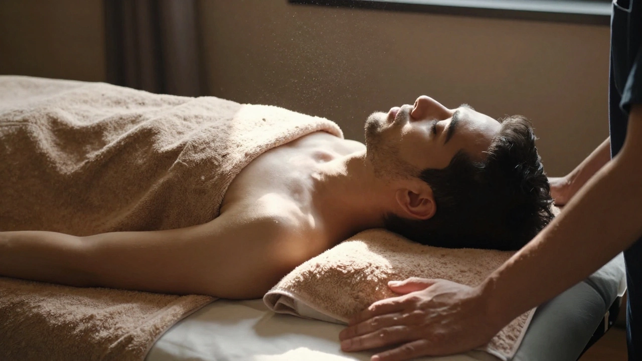 A man lies peacefully after a full-body massage, draped in a towel, bathed in quiet sunlight — the ultimate moment of release and stillness.