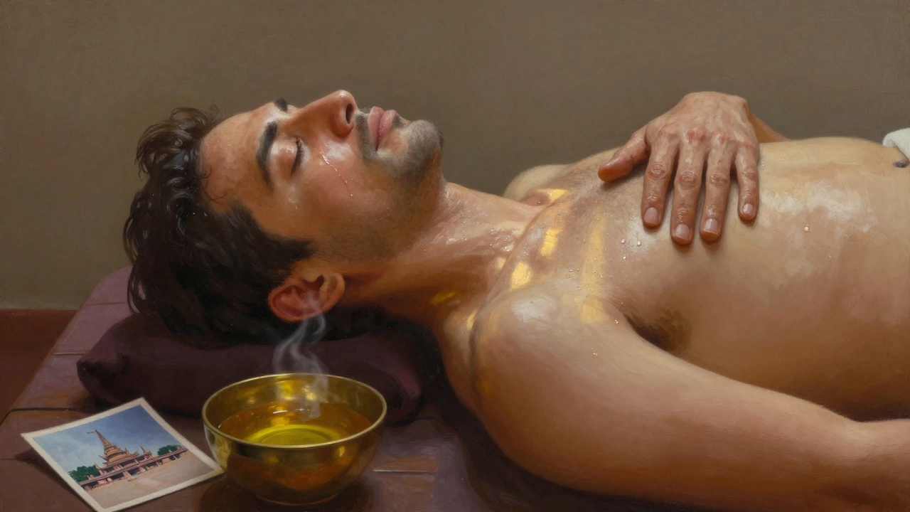 A man lies peacefully after a massage, tears on his cheeks, oil still shimmering on his skin, bathed in quiet afternoon light.