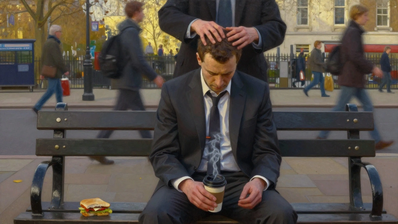 A man on a Camden park bench, head bowed, bathed in golden light, as unseen hands massage his scalp amid the blur of city life.