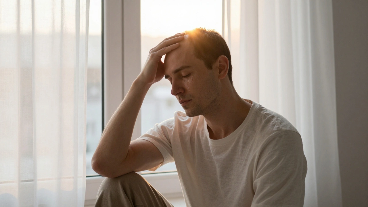 A man sits alone at dawn, tears on his cheek, feeling the deep release of an Indian head massage.