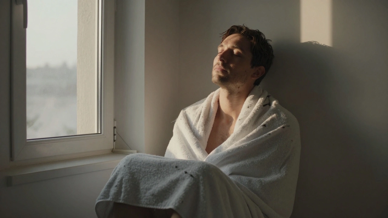A man sitting alone on a windowsill after a massage, wrapped in a towel, eyes closed, bathed in golden afternoon light.