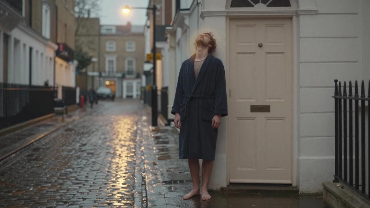 A man standing barefoot in a London alley after a massage, eyes closed, exuding profound release and calm.
