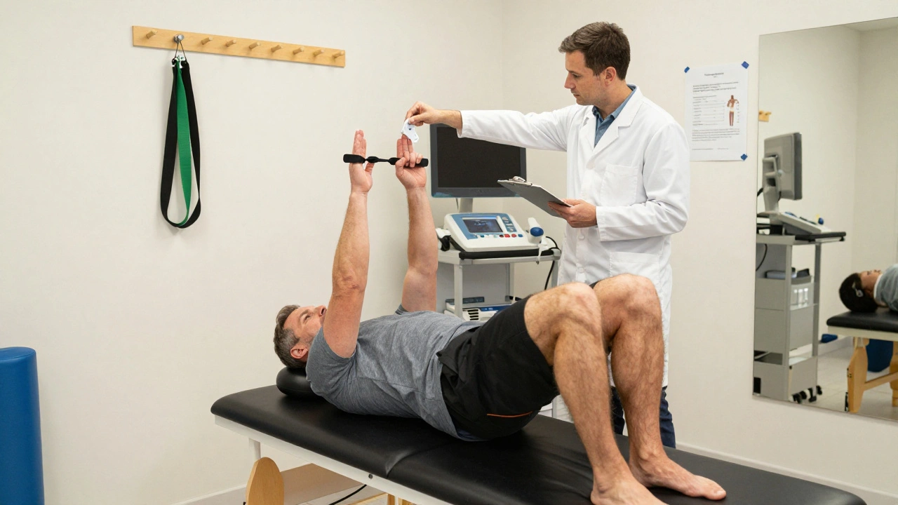 A physical therapist assisting a man with a glute bridge exercise in a clinical rehab setting.