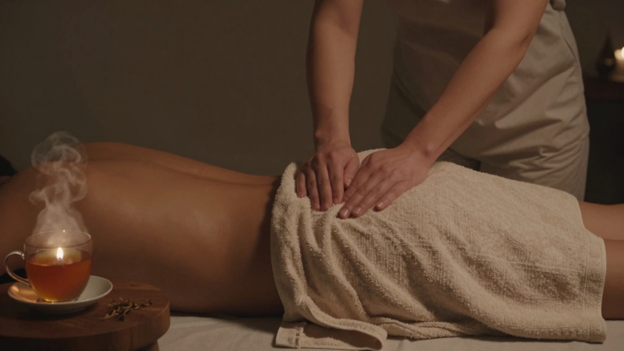 A therapist works on a client's hip during a sensual therapeutic massage, dim lights and herbal tea enhancing the serene, private mood.