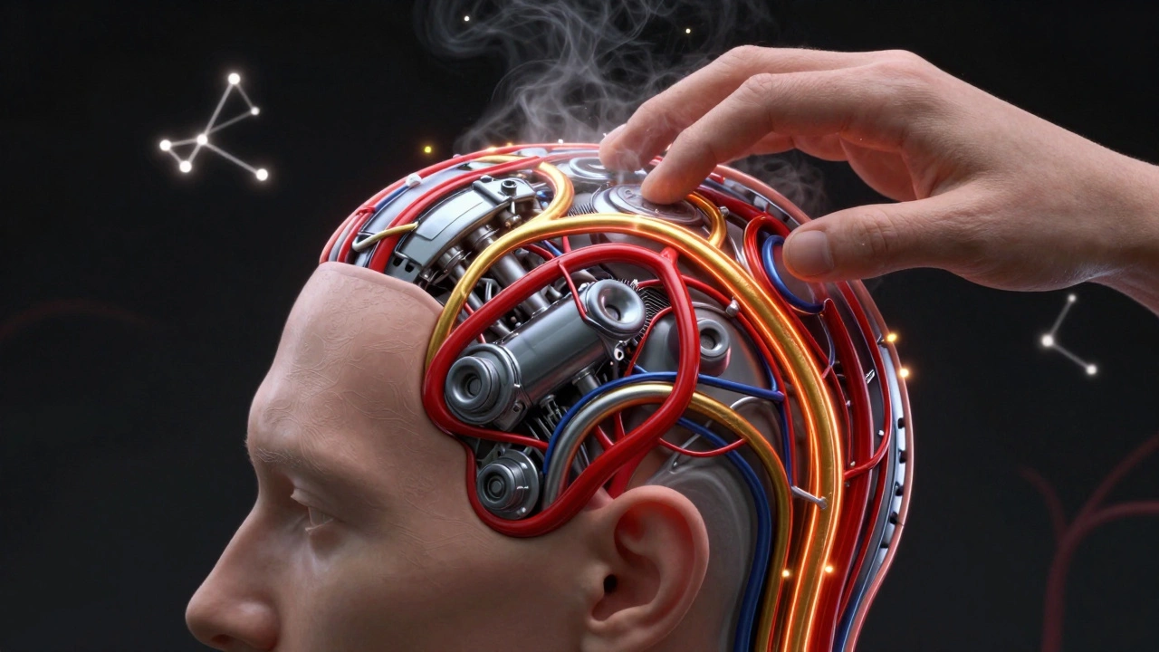 An artistic depiction of a scalp as an engine, with glowing blood vessels and dissolving tension knots under precise finger pressure.