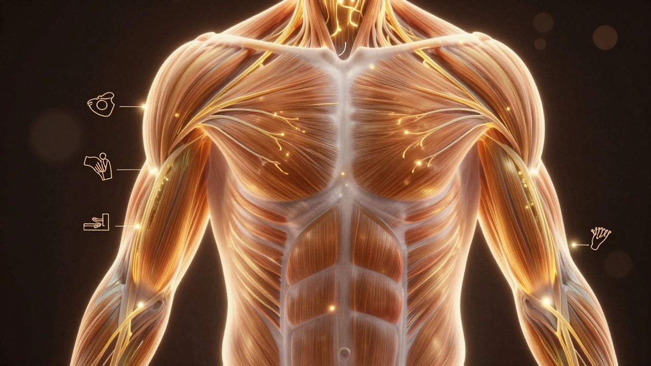 An artistic depiction of internal healing through Swedish massage, with golden light flowing through muscles and symbolic massage techniques glowing softly.