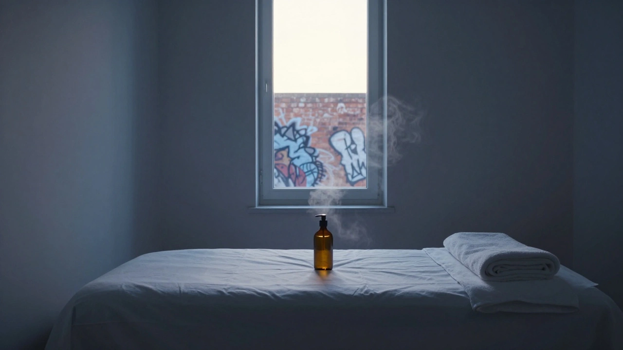 An empty massage room at dawn, steam rising from the table, a single towel and oil bottle left behind, morning light filtering through a high window.