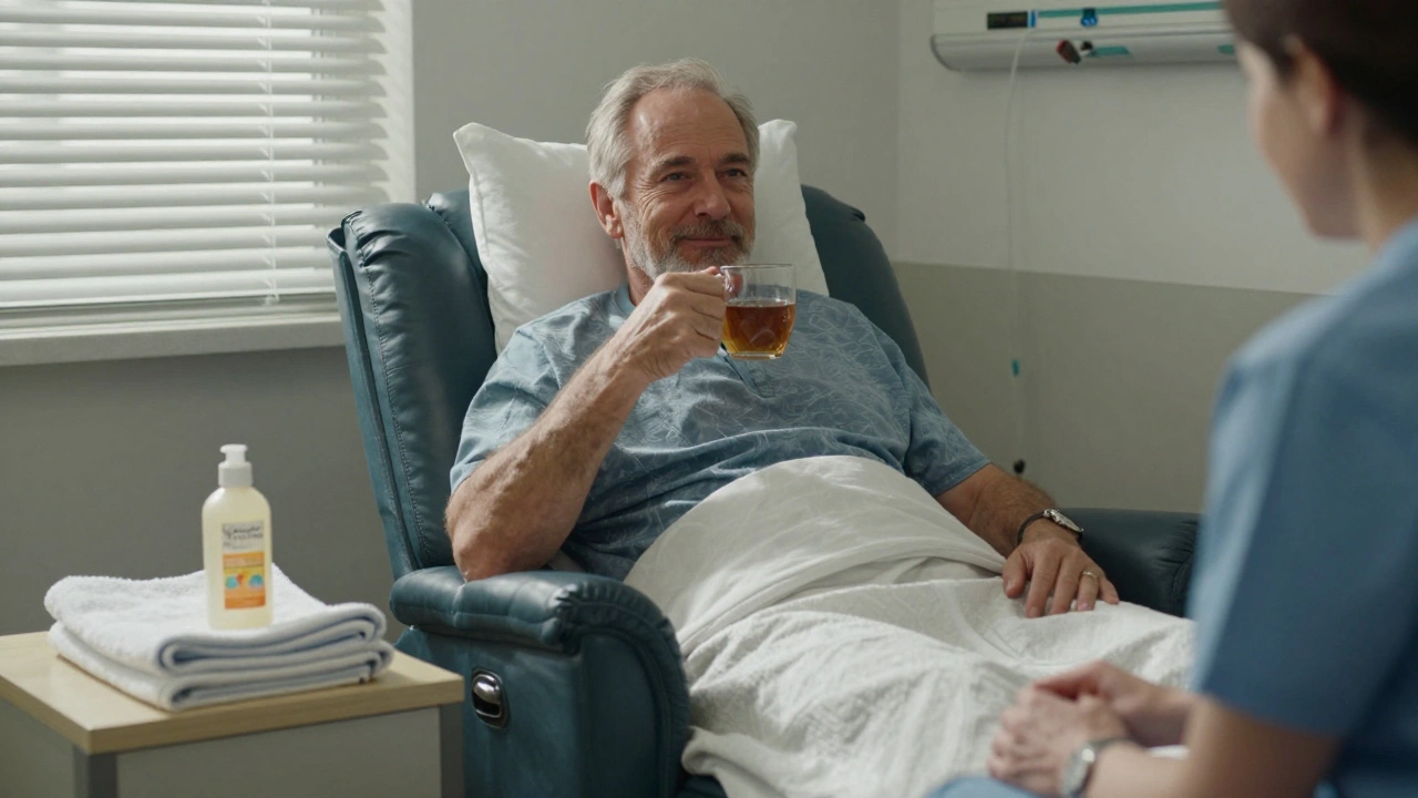 An older man smiling peacefully after a post-surgery massage, sipping tea in a quiet room with natural light and no medical devices.