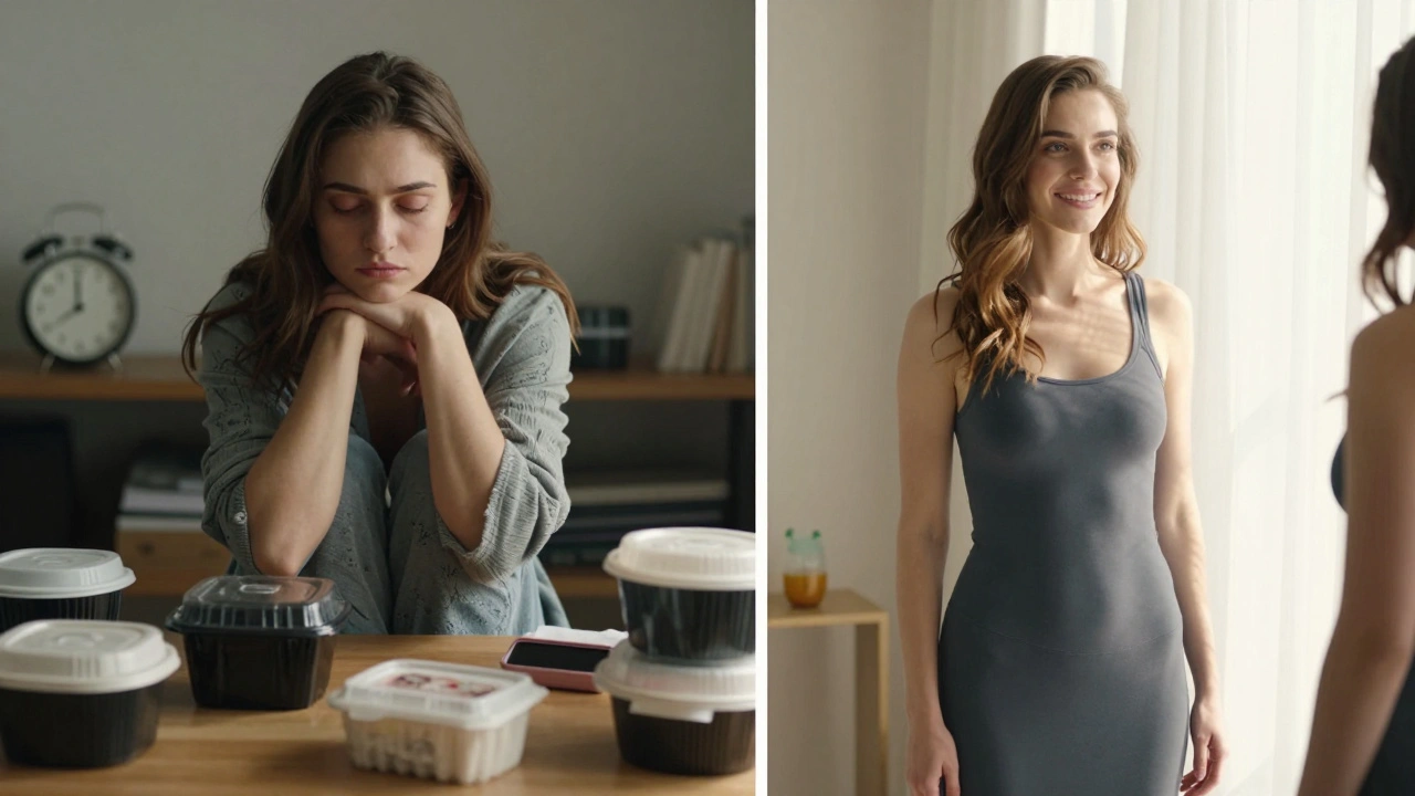 Before and after: a woman transformed from puffy and tired to radiant and confident without makeup or filters.