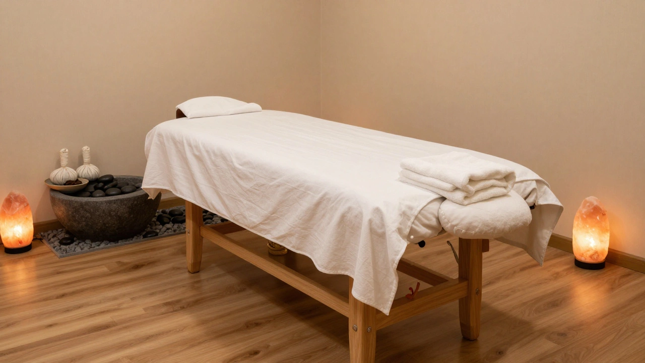 Clean spa room interior with folded towels and volcanic stones