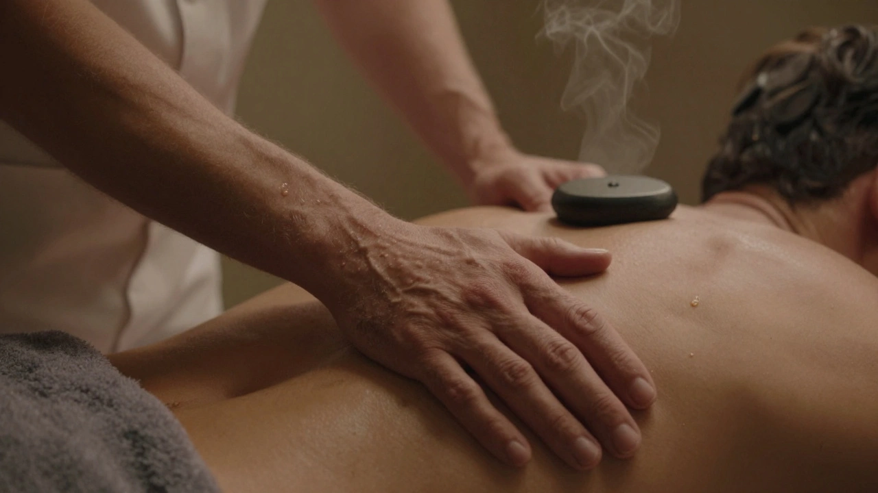 Close-up of a man’s tear-streaked temple during massage, eyes closed, hands working on his lower back, soft golden lighting, emotional release.