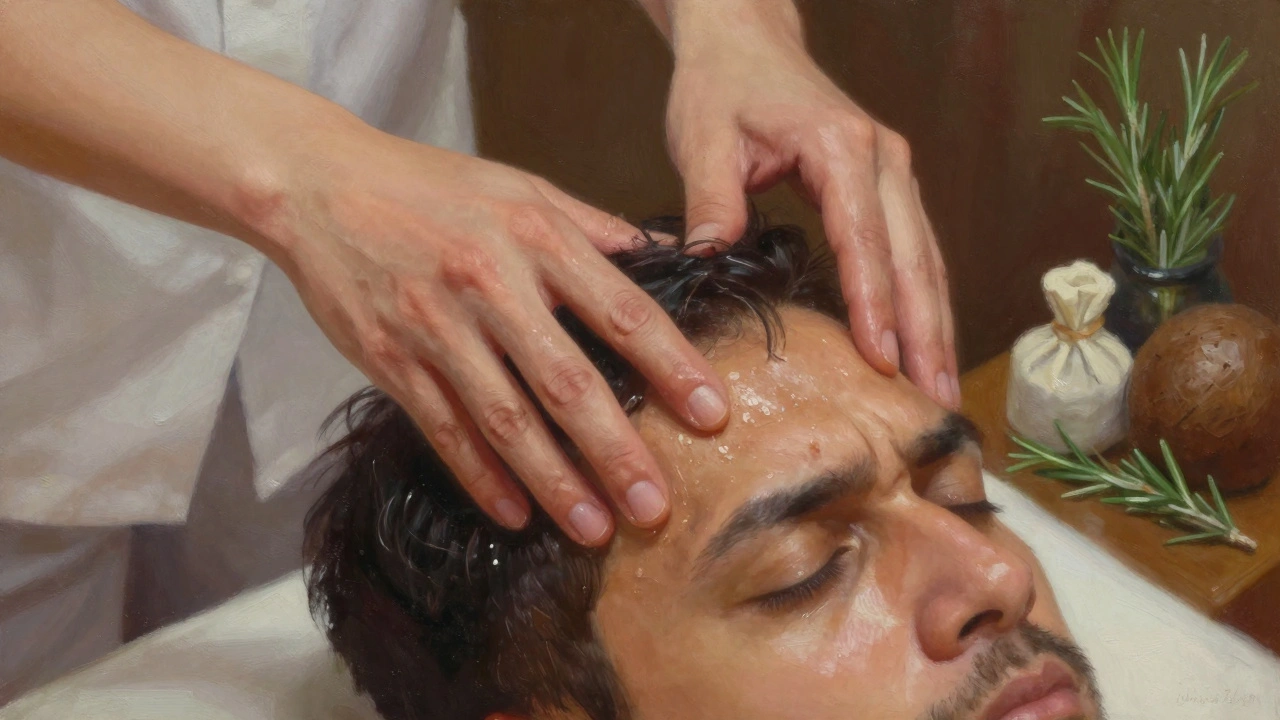 Close-up of hands pressing key pressure points on a man's scalp and temples during an Indian head massage.