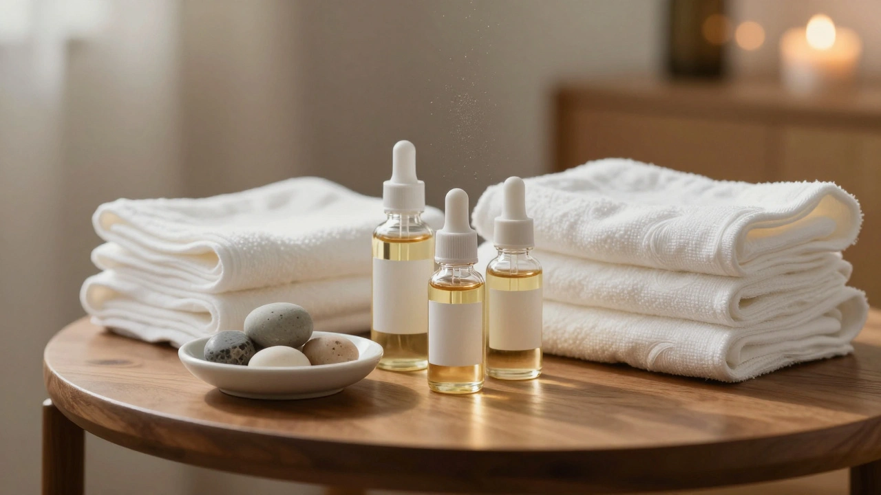 Close up of massage oils and folded white linens on a wooden table in warm light