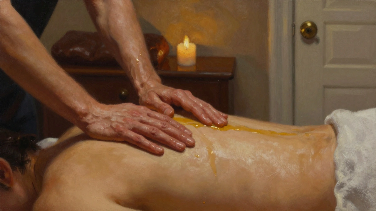 Close-up of skilled hands hovering over a bare back, oil catching soft light, with a candle and leather couch in the blurred background.