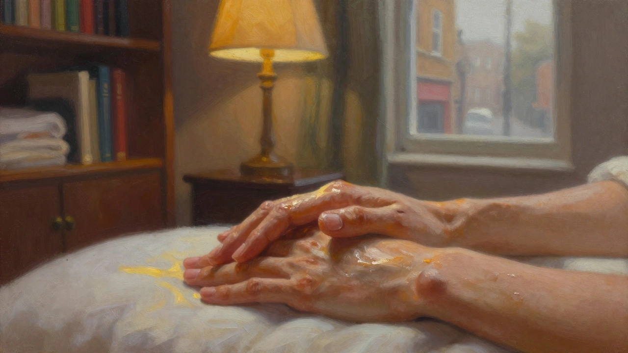 Close-up of two hands gently touching on a massage table, oil glistening, in soft candlelit surroundings.