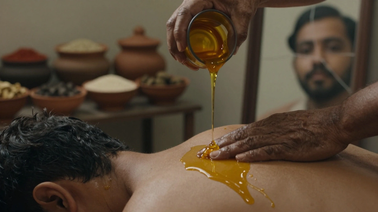 Close-up of weathered hands pouring golden herbal oil onto bare skin, surrounded by traditional Indian oil pots.