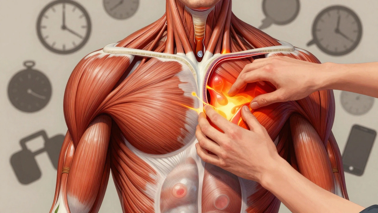 Cross-sectional view of human muscle layers with heat signatures showing adhesions being released by precise therapeutic pressure.