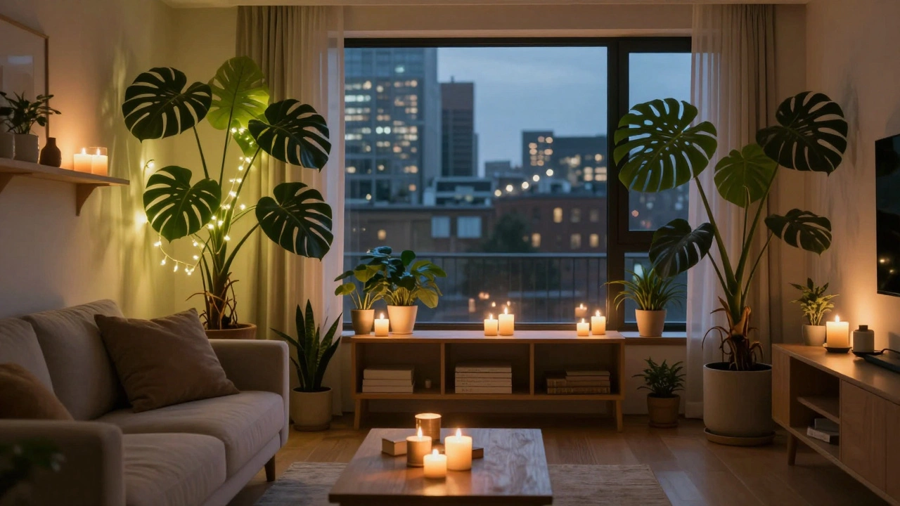 Dimly lit living room with candles and plants creating a peaceful sanctuary