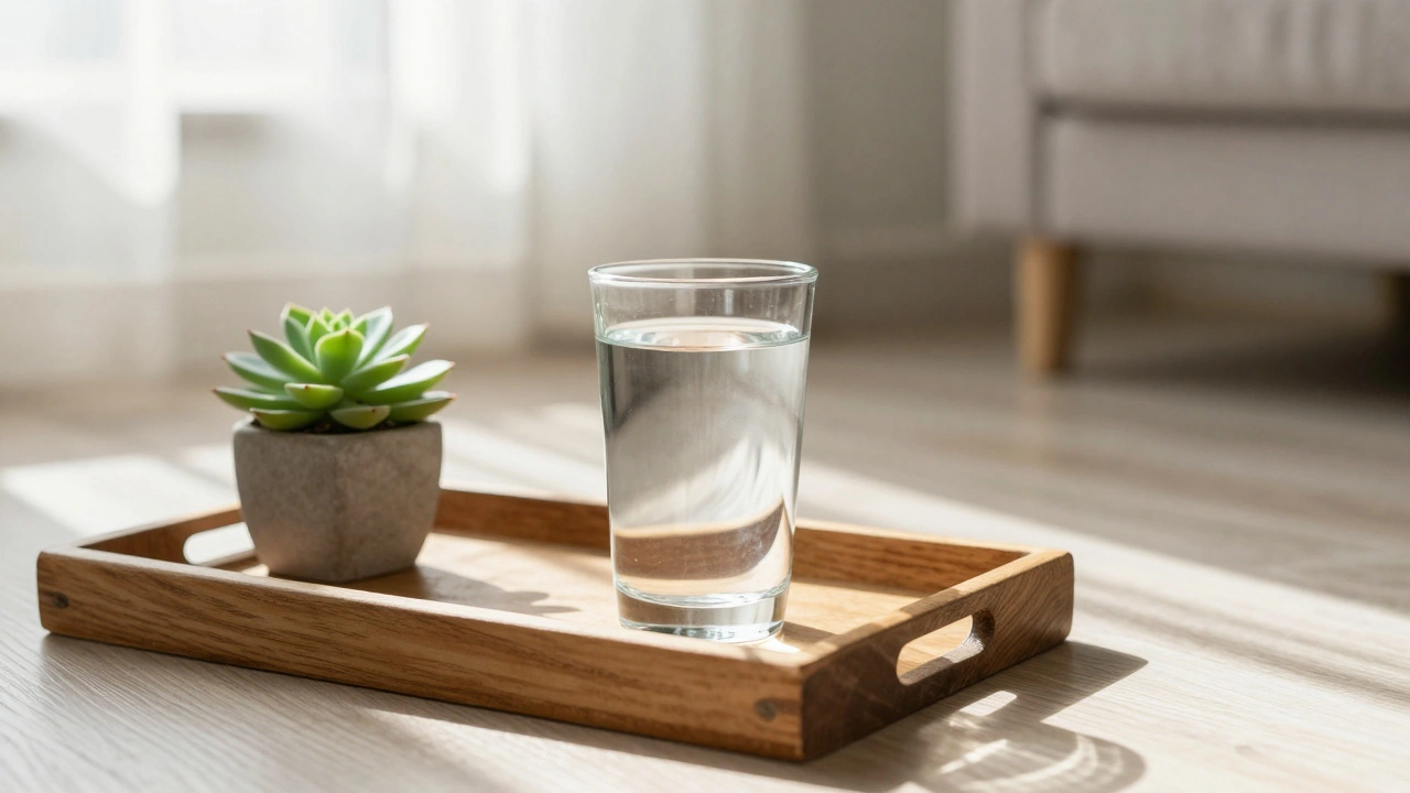 Glass of water and plant on wooden tray in morning sunlight