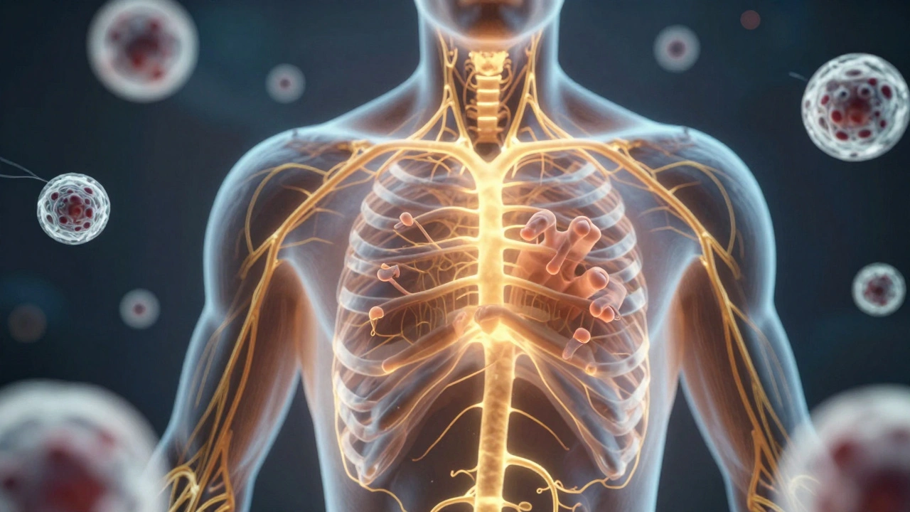 Glowing lymphatic pathways and immune cells activate under skilled hands in an anatomical illustration.