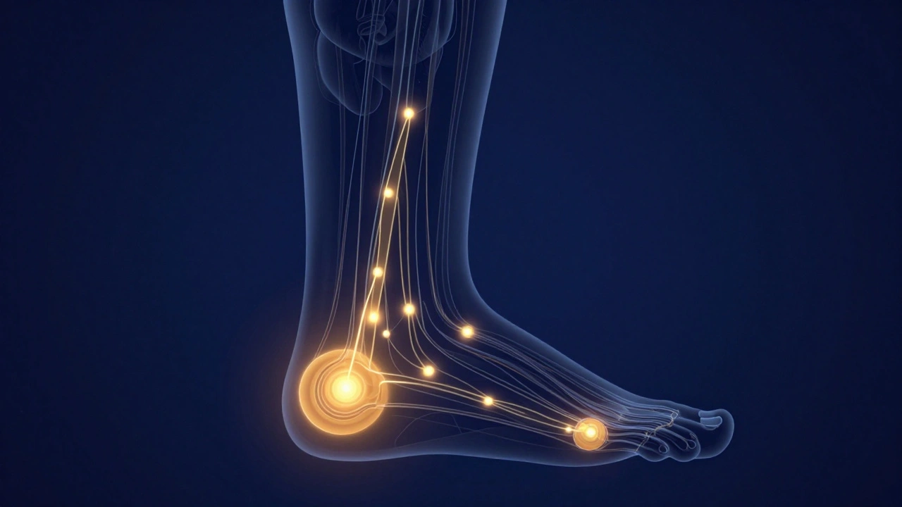 Glowing pressure points on foot outline showing reflexology connections