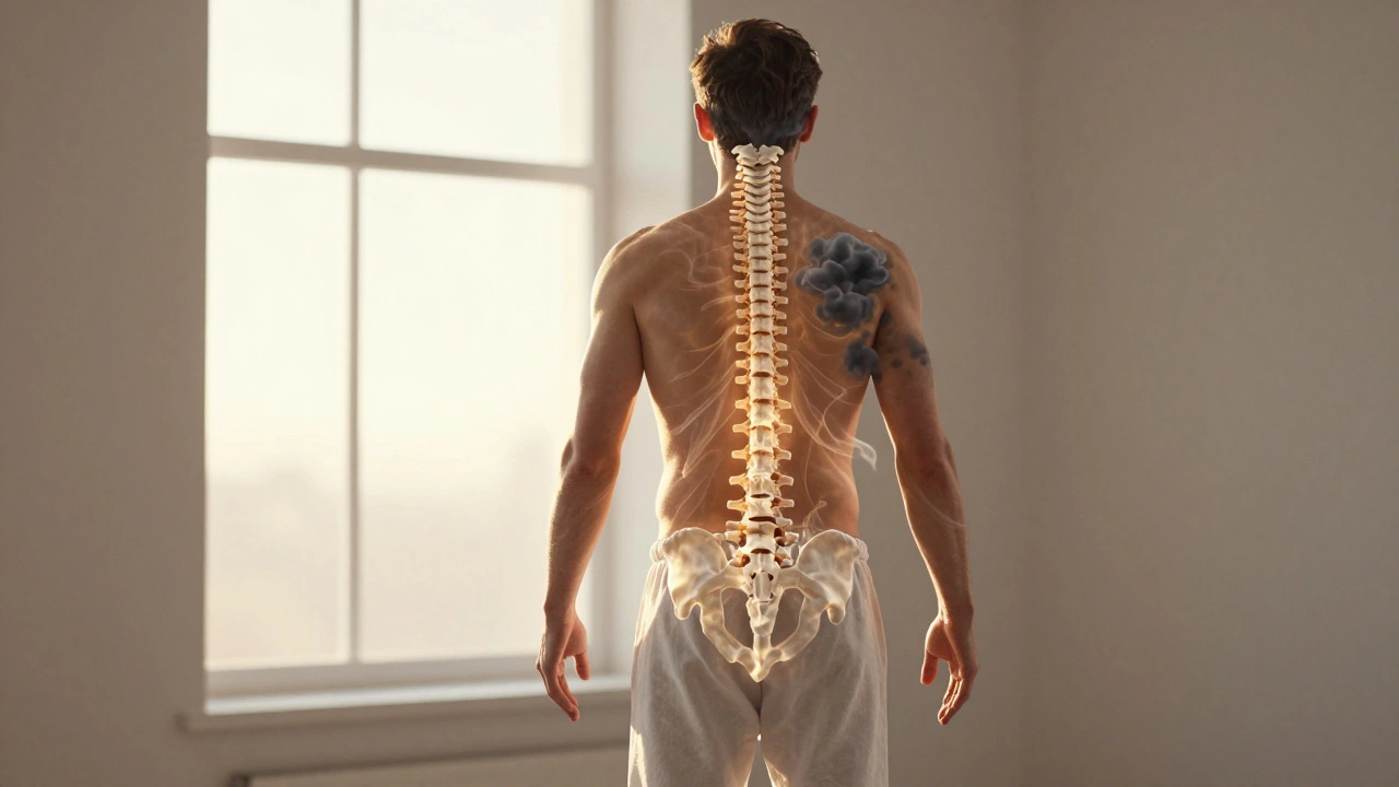 Man standing tall and relaxed after a full body massage, golden light highlighting his aligned posture and released tension.