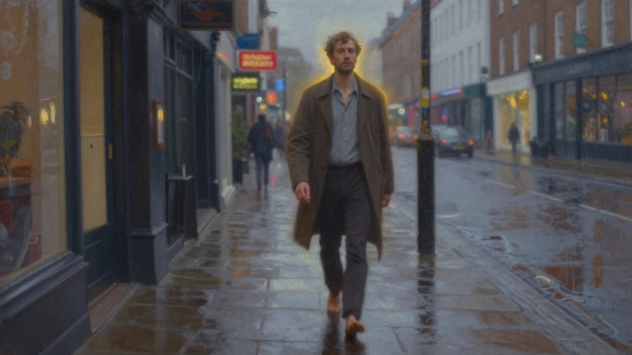 Man walking barefoot out of a studio at dusk, glowing with calm, rain-slick street behind him, conveying profound relief and renewal.