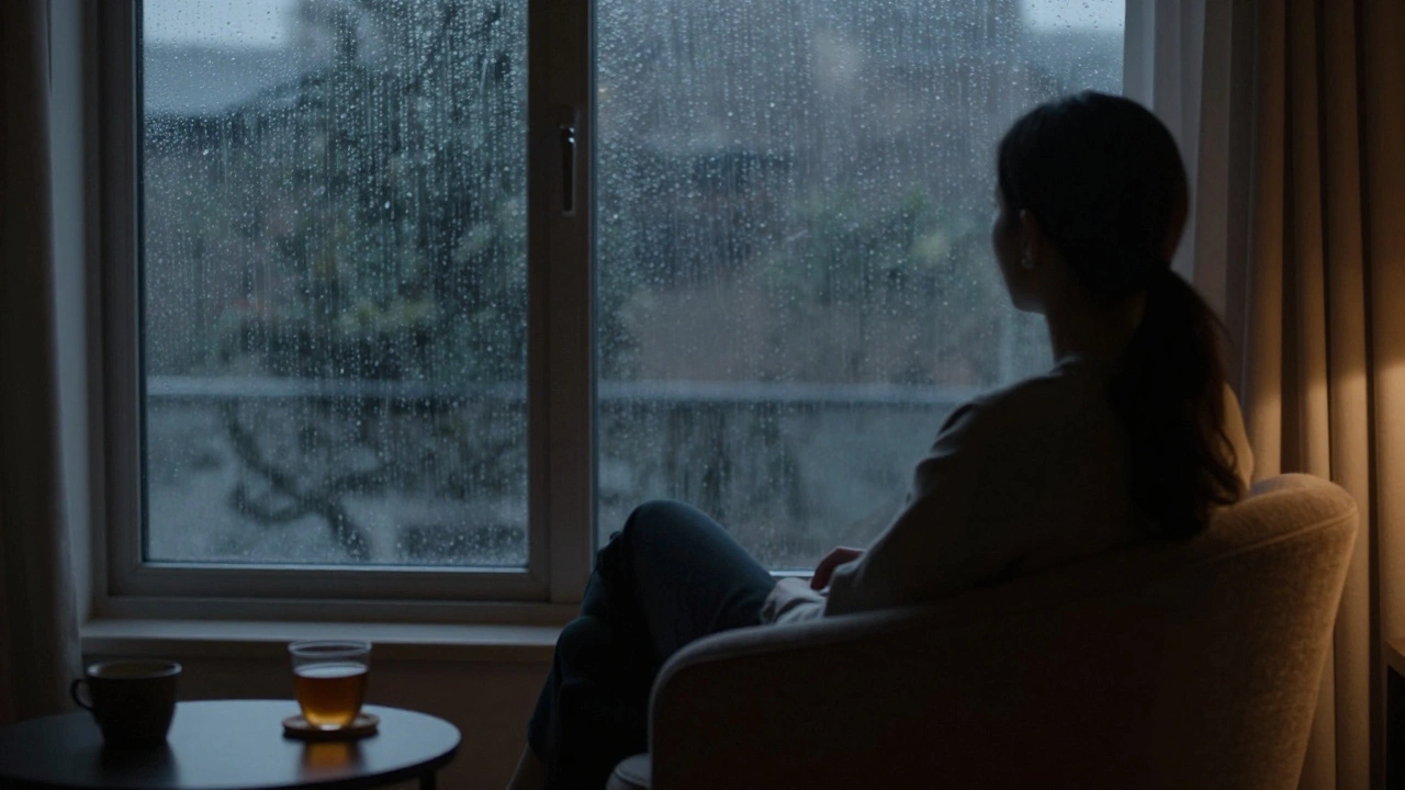 Person relaxing in a dimly lit room with rain outside window.
