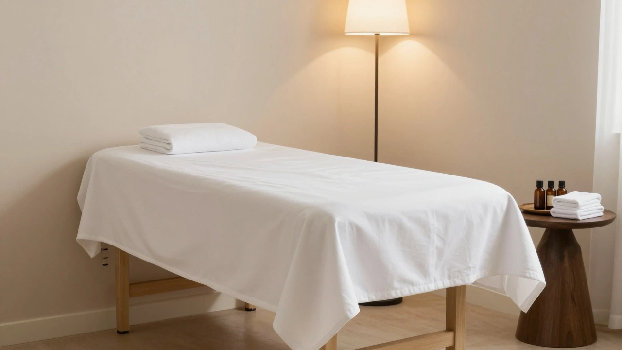 Portable table with linens and oils set up in a quiet room.