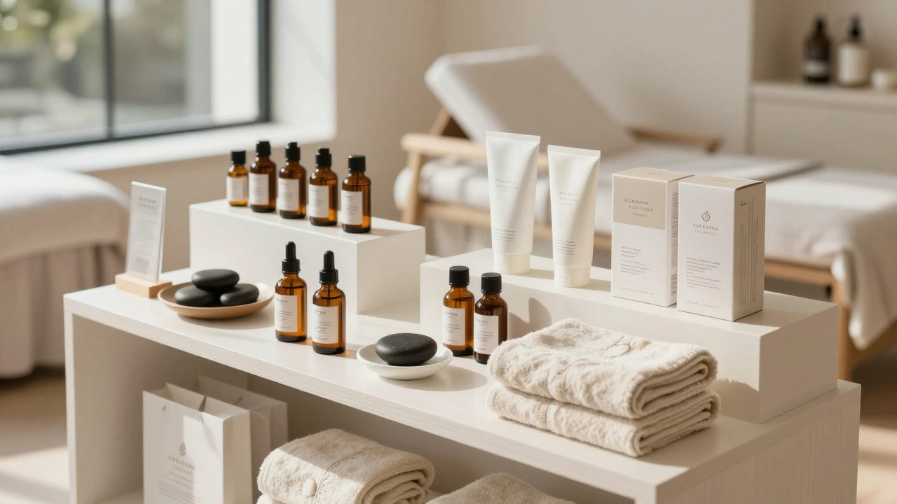 Premium spa products on clean white shelves
