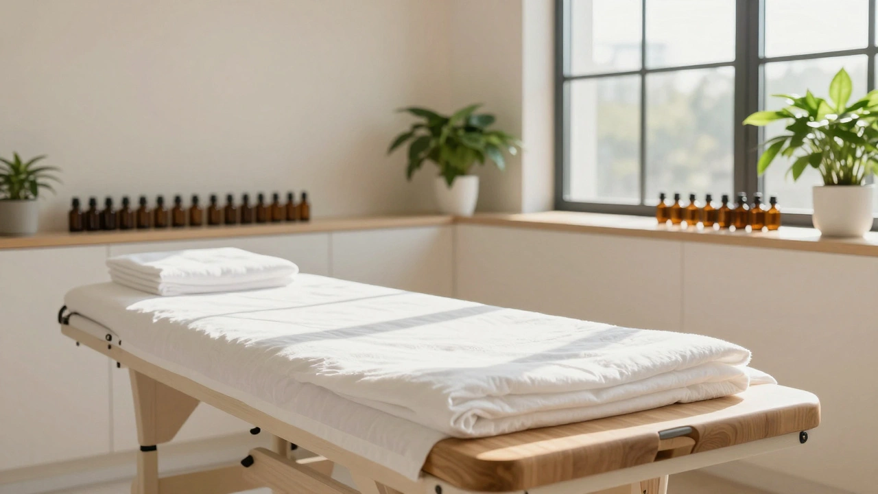 Pristine treatment room with fresh linens and essential oil bottles