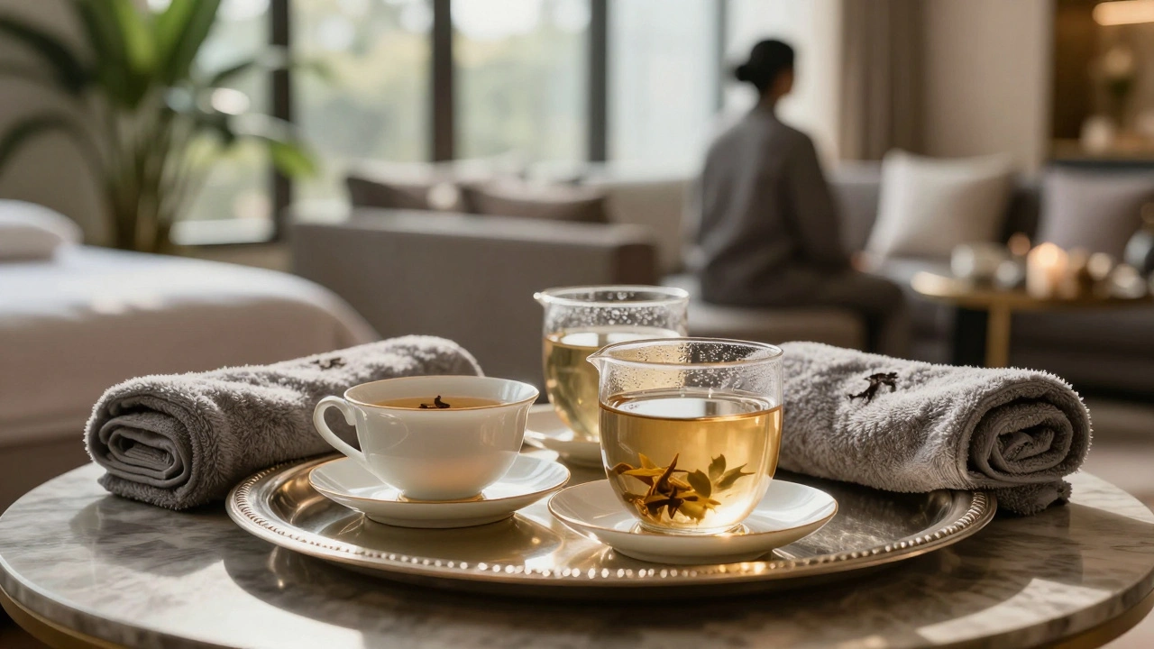 Tea service in spa relaxation lounge setting