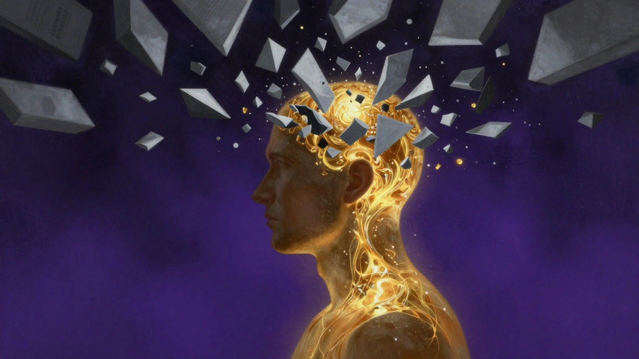 Artistic representation of stress leaving a man's mind during a head massage.