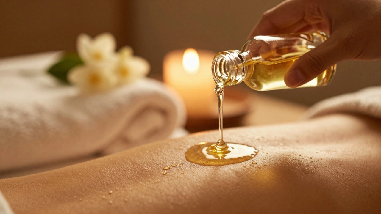 Close-up of warm massage oil being poured onto skin in a dimly lit, sensual setting.