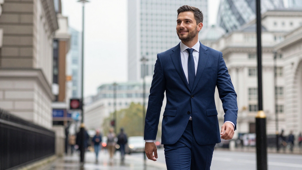 Confident businessman walking in London feeling refreshed and relaxed.