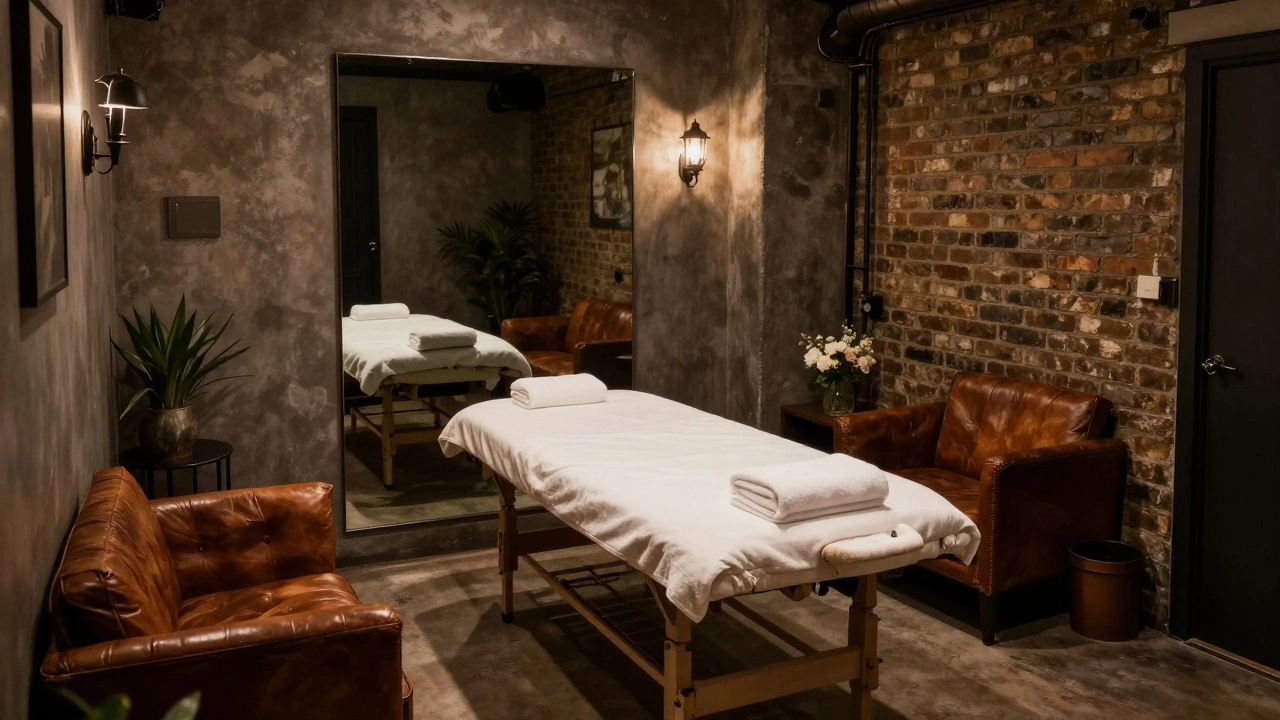 Interior of a cozy, discreet wellness studio with a prepared massage table.